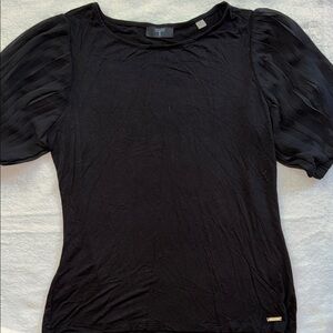 Tahari Elegant Black Pleated Sleeve Tee